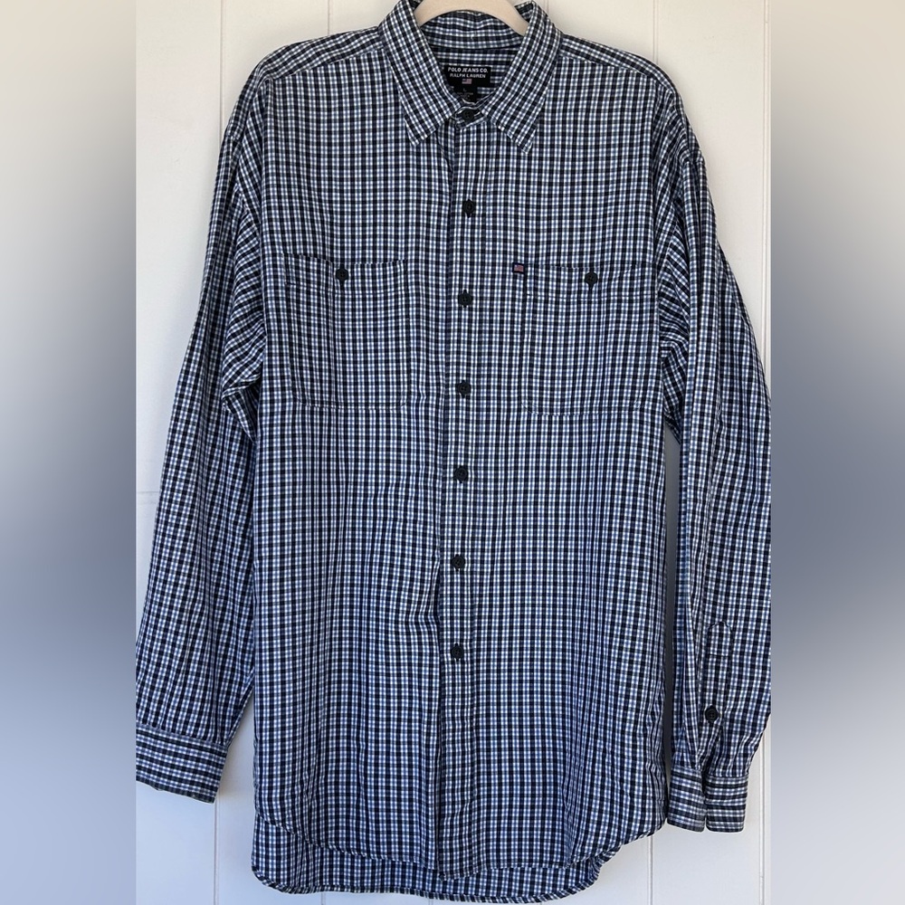Polo Jeans Co Ralph Lauren Men’s Button Up Shirt Long Sleeves Blue Plaid Size Lg